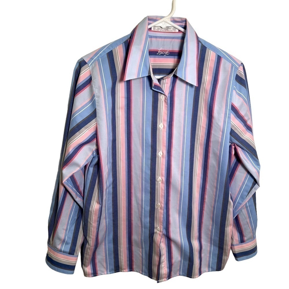 Foxcroft Women's Size 10 Petite Button Down Shirt Pink Blue Stripes Wrinkle Free
